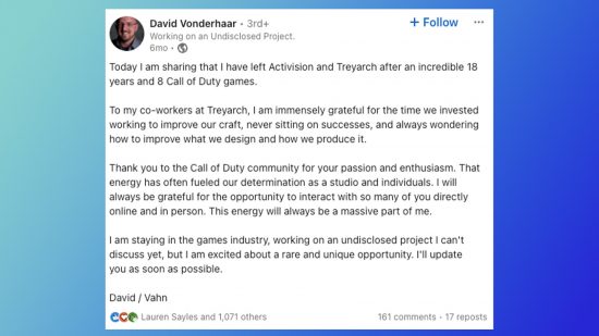 David Vonderhaar BulletFarm: An image of David Vonderhaar's resignation from Call of Duty studio Treyarch.
