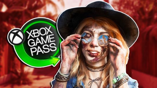 Dead Island 2 Game Pass Xbox: A feminine zombified character holding sun glasses and wearing a large black hat. To the left is an Xbox Game Pass logo.