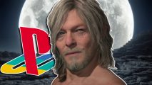 Death Stranding 2 environmental hazards: Sam Porter Bridges with grey hair looking to the side against a blurred background of a rocky environment with the moon on display. A colorful PlayStation logo is to the left of the character.