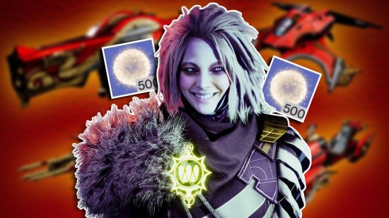 Destiny 2 free Bright Dust Lunar New Year 2024: Mara Sov smiling at the camera, set against splash art of the D2 LNY items and two Bright Dust icons.