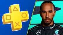 F1 23 PS Plus March 2024: Lewis Hamilton wearing the black Mercedes overalls, next to a PS Plus logo