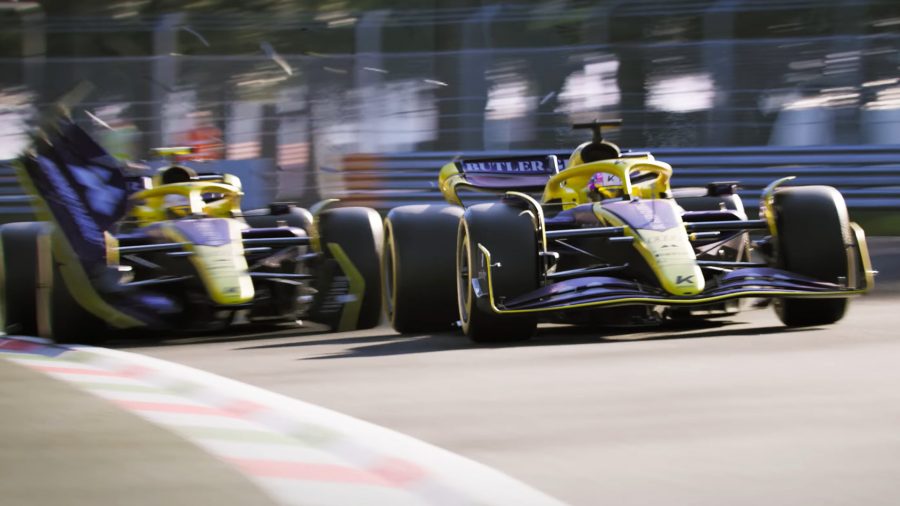F1 24: two yellow and purple F1 cars clashing