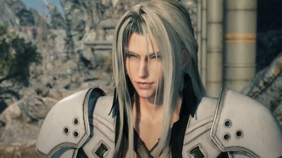 FF7 Rebirth demo: Sephiroth wearing pale grey armor and with flowing grey hair