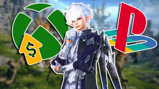 Final Fantasy 14 Xbox more expensive PS5: Alphinaud posing with one hand raised to his chin. On the left is an Xbox logo with a dollar tag, and on the right is a PlayStation logo.