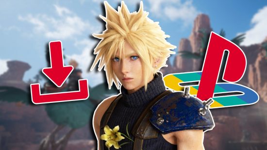 Final Fantasy 7 Rebirth demo rewards: Cloud standing with a sullen expression. To the left is a red download icon and on the right is a colorful PlayStation icon.