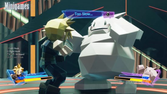 Final Fantasy 7 Rebirth minigames Queen's Blood: A low-poly version of Cloud fighting a Fat Moogle in an arcade fighting minigame.