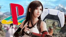 Final Fantasy 7 Rebirth gameplay PS5 DualSense: Tifa cracking her knuckles. On the left is a colorful PlayStation logo and on the right is a white DualSense controller.
