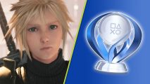 Final Fantasy 7 Rebirth Platinum Trophy: A diagonally split image with a close-up of Cloud on the left and a Platinum Trophy against a blue background on the right.