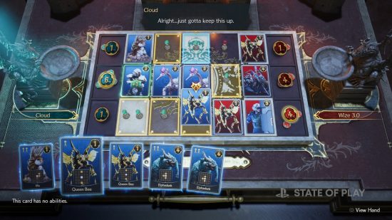 Final Fantasy 7 Rebirth minigames Queen's Blood: Gameplay of the Queen's Blood card game showing the board with various card abilities.
