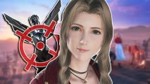 Final Fantasy 7 Rebirth reviews: Aerith looking directly towards the camera. To the left is a Game Awards statue with a red crosshair overlaid.