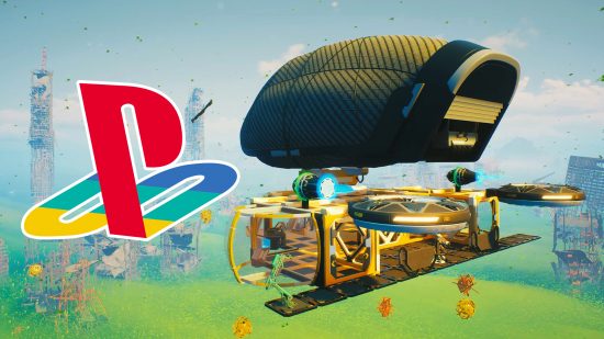 Forever Skies PS5 exclusive: a big green blimp with various compartments below it
