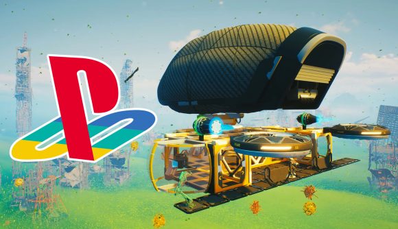 Forever Skies PS5 exclusive: a big green blimp with various compartments below it