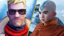 Fortnite Avatar event: a blonde Fortnite character wearing sunglasses next to the bald, blue arrow-headed Aang