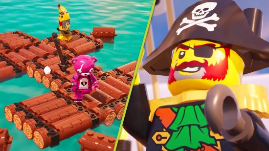 Fortnite Lego Islands: a lego pirate with a hook and black hat next to a wooden raft with two characters on