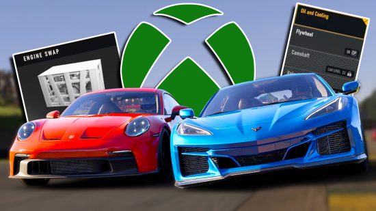 Forza Motorsport progression changes February 2024: A red and blue car racing next to each other on the left and right respectively. In the background are two car part upgrade icons and an Xbox logo at the center.