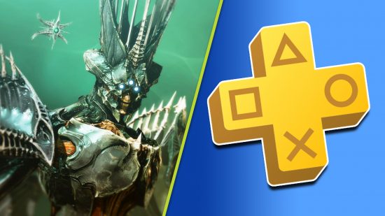 Free PS Plus games: Savathun from Destiny 2 on the left, looking towards the camera, and a PS Plus logo against a blue gradient background on the right.
