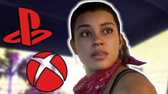 GTA 6 release date: A woman with a red bandana around her neck looks over her shoulder with a surprised look. Red logos for PlayStation and Xbox float next to her