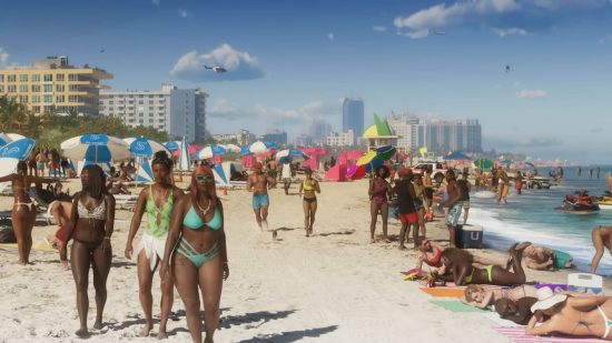 GTA 6 release date: A beach covered in people wearing swim shorts and bikinis. A city skyline can be seen in the background and helicopters fly in the sky