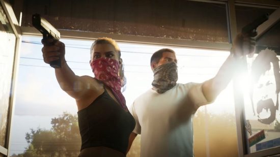 GTA 6 release date: a man and a woman with bandanas over their mouths burst through the door of a store with pistols drawn