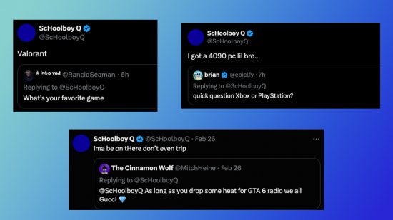 GTA 6 ScHoolBoy Q: an image of ScHoolBoy Q social media posts about the GTA 6 soundtrack.