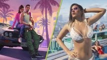 GTA 6 release date: A split image showing the key art for GTA 6 of a man and a woman on the bonnet of a car, and a woman striking a pose in a white bikini
