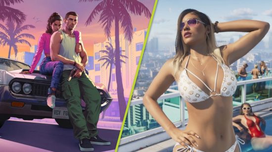 GTA 6 release date: A split image showing the key art for GTA 6 of a man and a woman on the bonnet of a car, and a woman striking a pose in a white bikini