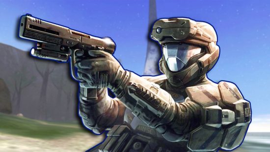 Halo 343 game pitches: An ODST aiming a pistol to the left, set against a blurred background of a Halo ring.