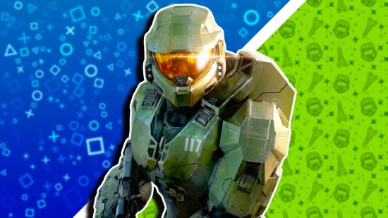 Halo Infinite PS5 port: Master Chief looking towards the camera with his helmet on, set against a blurred background of PlayStation and Xbox-themed wallpapers respectively, split horizontally.