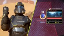 Helldivers 2 Malevelon Creek game master: A diagonally split image with a saluting Helldiver on the left and the galactic war map on the right, showcasing a planet.
