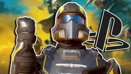 Helldivers 2 previews: A Helldiver with their right hand raised into a fist. There is a PlayStation logo to the right, set against a blurred background showing yellow splashes of color.
