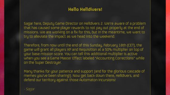 Helldivers 2 XP Boost: A message from helldivers 2 game director Sagar Berochi about the XP boost.