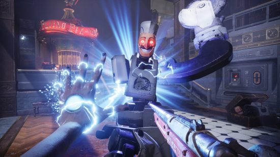 Judas Bioshock Mass Effect: Gameplay of Judas showing the player attacking a large robot using lightning powers and a rifle.