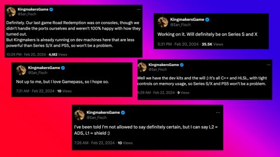 Kingmakers Xbox PS5: An image of Ian Fisch on social media talking about Kingmakers on Xbox and PS5.
