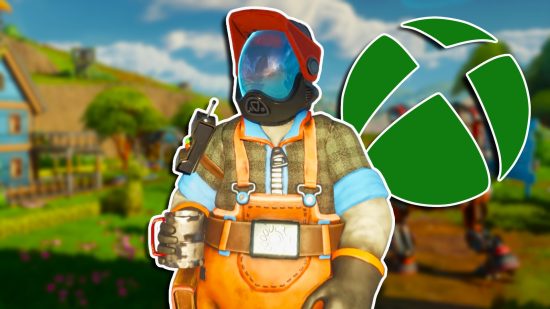Lightyear Frontier Xbox Game Pass release date: A farmer wearing a helmet and visor, holding a glass mug. An Xbox logo is to the right.