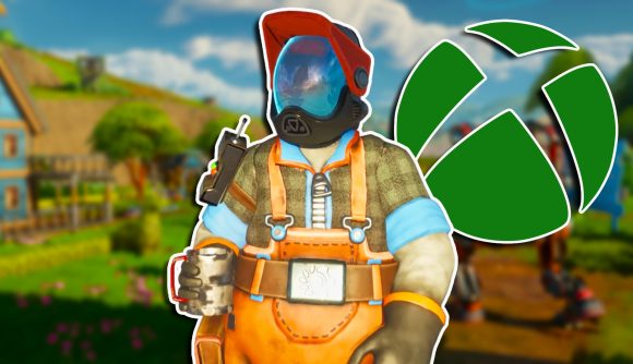 Lightyear Frontier Xbox Game Pass release date: A farmer wearing a helmet and visor, holding a glass mug. An Xbox logo is to the right.