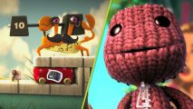 LittleBigPlanet Hub beta PS3: a crocheted Sackboy stood next to a giant moustachioed crab
