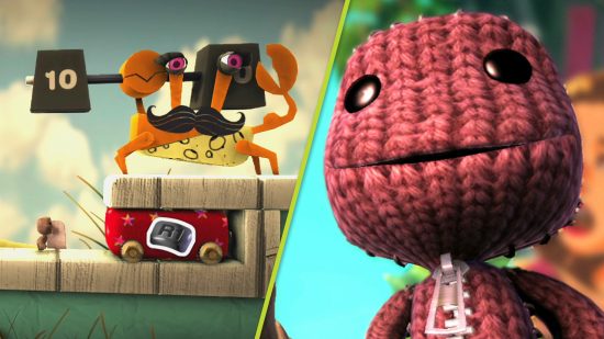 LittleBigPlanet Hub beta PS3: a crocheted Sackboy stood next to a giant moustachioed crab