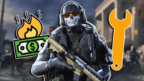 MW3 Spare Ribs changed fixed: Ghost standing with a weapon at his hips. To the left is an icon of burning money and on the right is a spanner.