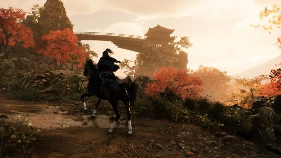 New PS5 games: A screenshot from Rise of the Ronin showing a character on horseback with a temple on a mountain in the background.