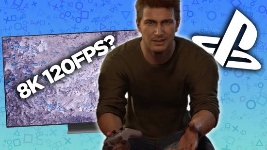 New PS6 specs: An image of Nathan Drake from Uncharted and an 8K TV.
