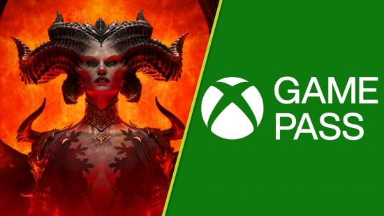 New Xbox Game Pass games March 2024: A split image with Lilith from Diablo on the left and the Xbox Game Pass logo on the right, set against a green background.