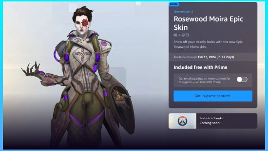 Overwatch 2 free skins: An image of the Rosewood Epic Moira Prime Gaming skin for Overwatch 2.