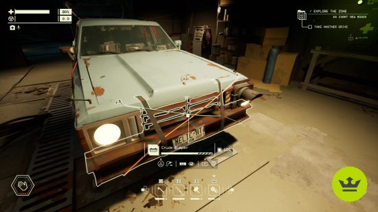 Pacific Drive quirks: A pale blue car in the garage shown from the front at a slight angle. It has mismatched headlights and a makeshift bumper.