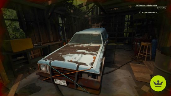 Pacific Drive PS5 performance mode: The player looking at a rundown and rusted blue car in a wooden barn.