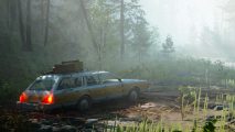 Pacific Drive quirks: A station wagon driving through a fog-filled forest.