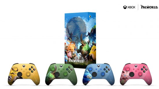 Palworld Xbox giveaway: A graphic showing a custom Xbox Series S console covered in Palworld art, and four controllers with custom yellow, green, blue, and pink skins