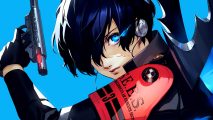Persona 3 Reload sale Amazon: a dark blue-haired boy holding a pistol while wearing a school uniform