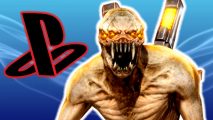 PS Plus Resistance Retribution: An alien with four glowing eyes and enormous fangs. A black and red PlayStation logo floats next to it