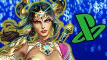 PS Store sale: A woman in ancient armor and a tiara with a glowing gem. A green playstation logo is next to her