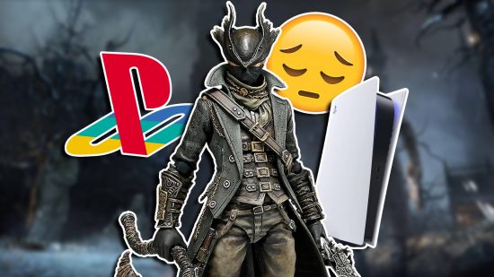 PS5 Bloodborne remake remaster rumors: A feminine Hunter from Bloodborne standing holding weapons in either hand. A PlayStation logo is to the left while a white PS5 and a sad emoji are placed to the right side.